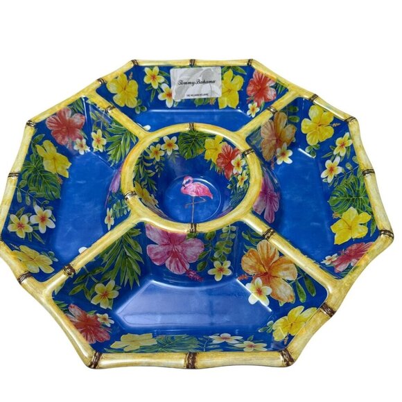 TOMMY BAHAMA Melamine Large Serving Tray Chip and Dip Tropical Hibiscus Flamingo - Picture 1 of 8